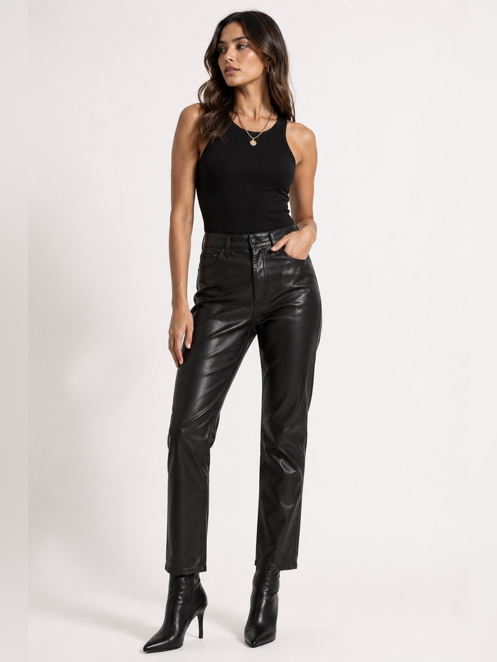 Express Black Coated Faux Leather High Rise Straight Ankle Pants 6R Quiet Luxury
